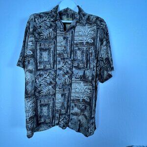 Vintage Dr. Martens Button-Up Silk Hawaiian Shirt Large Abstract Brown Casual